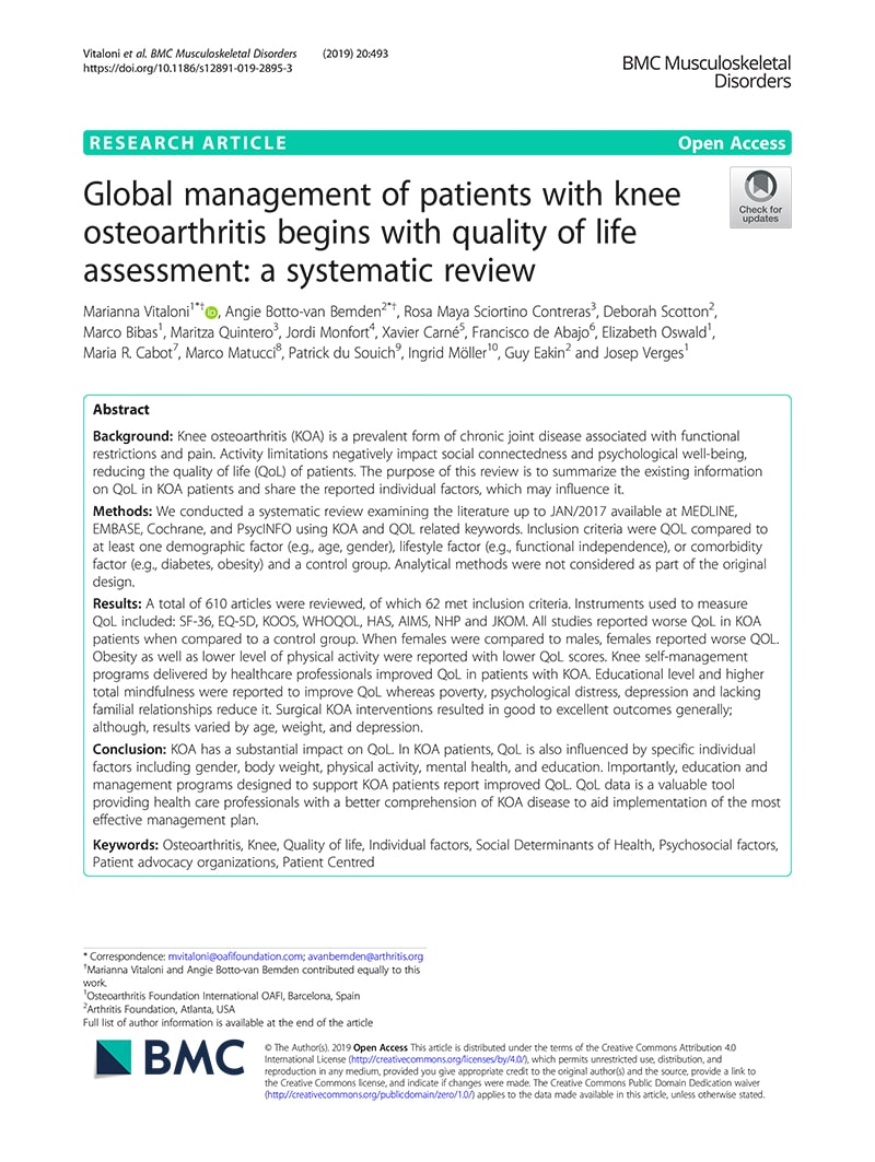 2019 Vitaloni et al QoL ans KOA Systematic Review